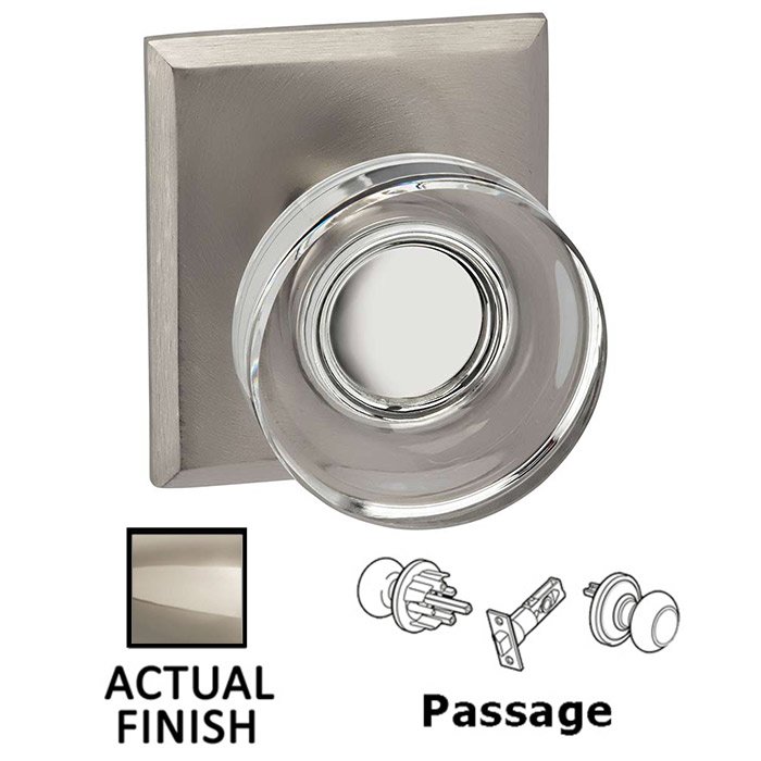 Passage Puck Glass Knob With Rectangular Rose in Polished Polished Nickel Lacquered