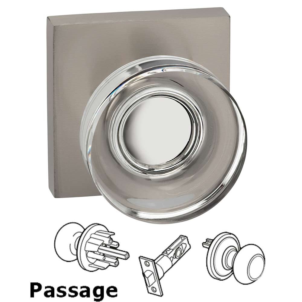 Passage Puck Glass Knob With Square Rose in Satin Nickel Lacquered