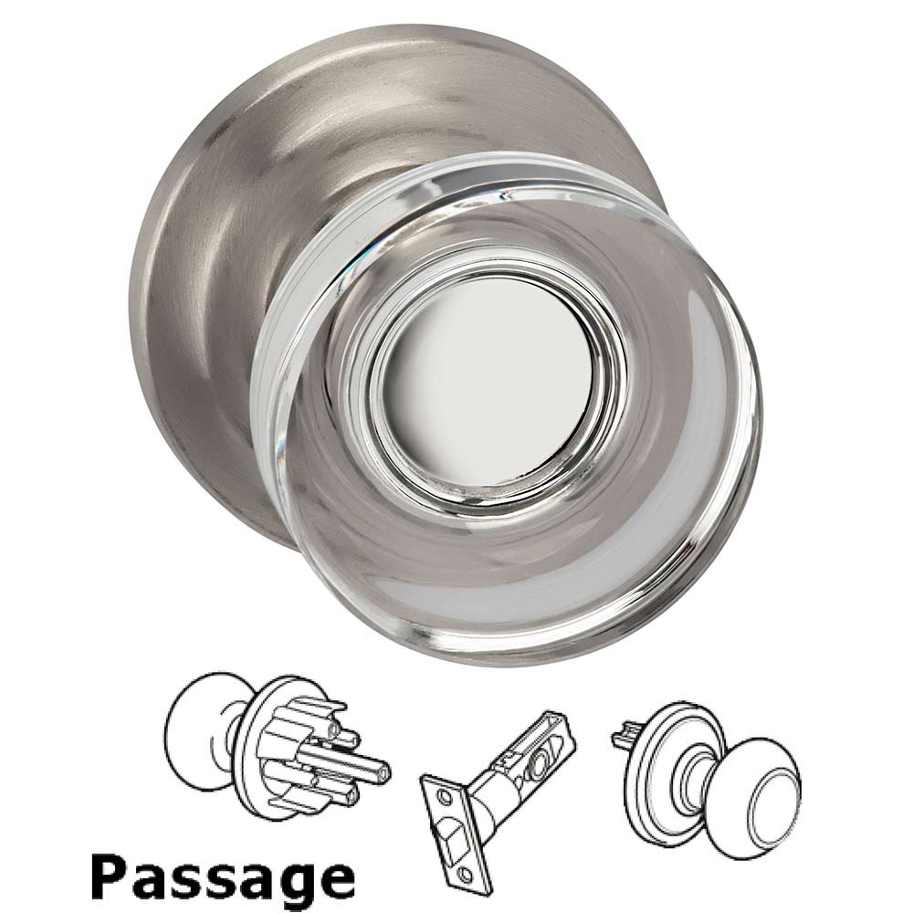 Passage Puck Glass Knob With Traditional Rose in Satin Nickel Lacquered
