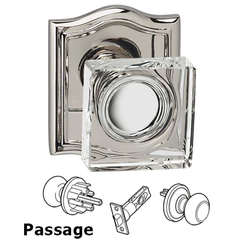Passage Square Glass Knob With Arched Rose in Polished Polished Nickel Lacquered