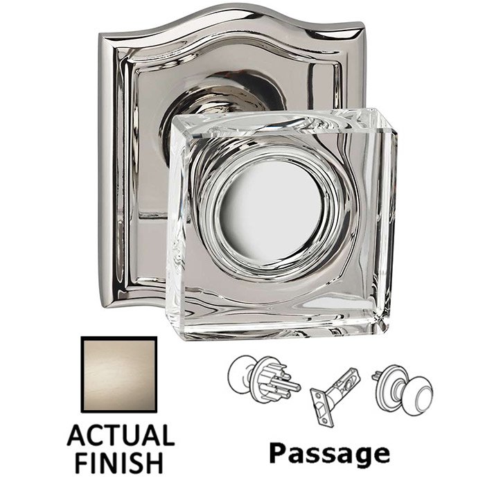 Passage Square Glass Knob With Arched Rose in Satin Nickel Lacquered