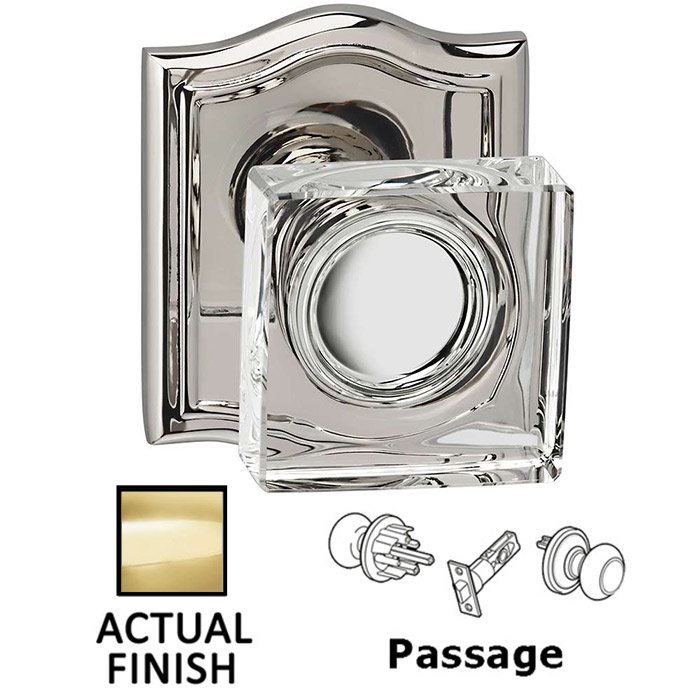 Passage Square Glass Knob With Arched Rose in Polished Brass Lacquered