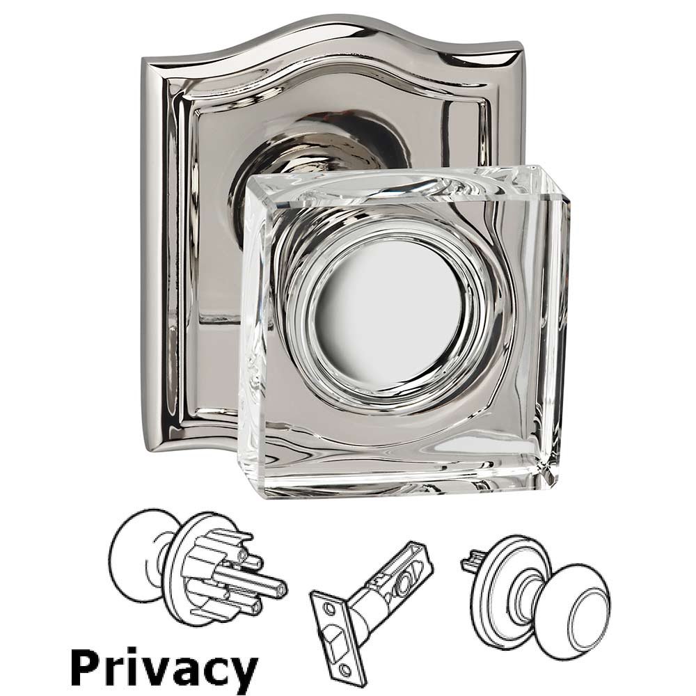 Privacy Square Glass Knob With Arched Rose in Polished Polished Nickel Lacquered