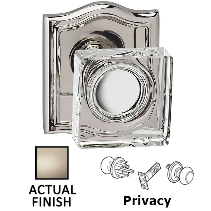 Privacy Square Glass Knob With Arched Rose in Satin Nickel Lacquered