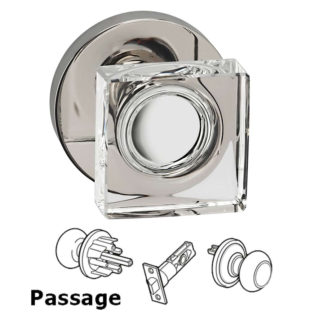Passage Square Glass Knob With Modern Rose in Polished Polished Nickel Lacquered