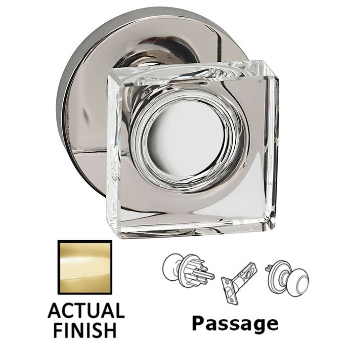 Passage Square Glass Knob With Modern Rose in Polished Brass Lacquered