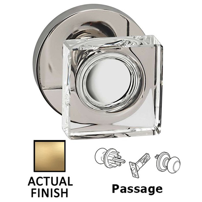 Passage Square Glass Knob With Modern Rose in Satin Brass Lacquered
