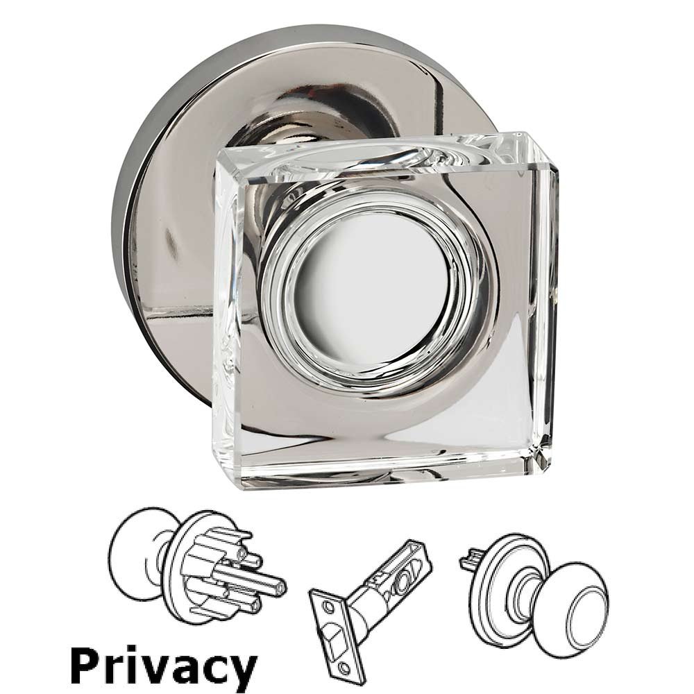 Privacy Square Glass Knob With Modern Rose in Polished Polished Nickel Lacquered