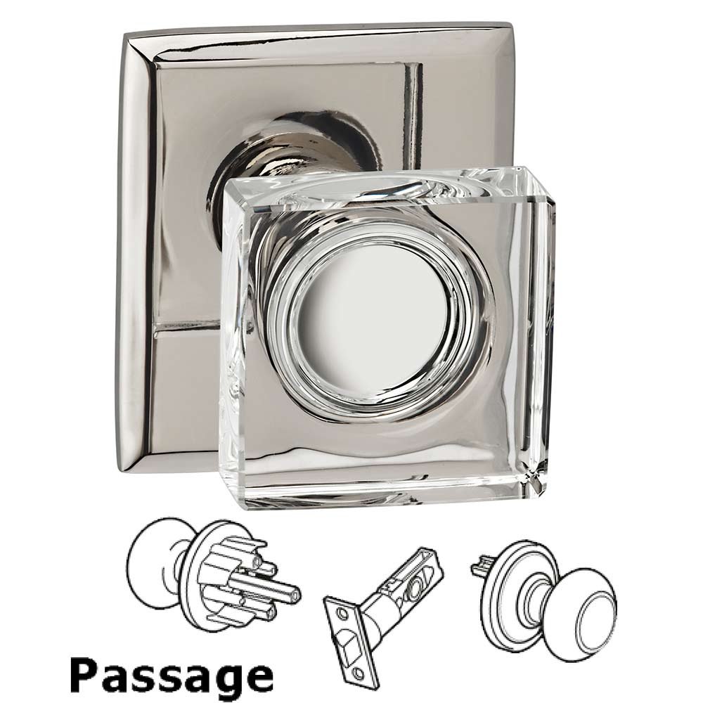 Passage Square Glass Knob With Rectangular Rose in Polished Polished Nickel Lacquered
