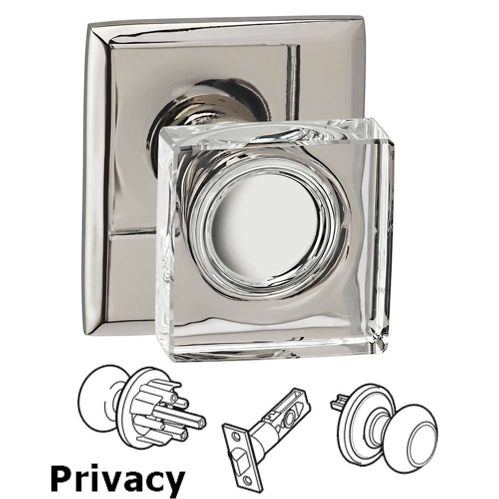 Privacy Square Glass Knob With Rectangular Rose in Polished Polished Nickel Lacquered