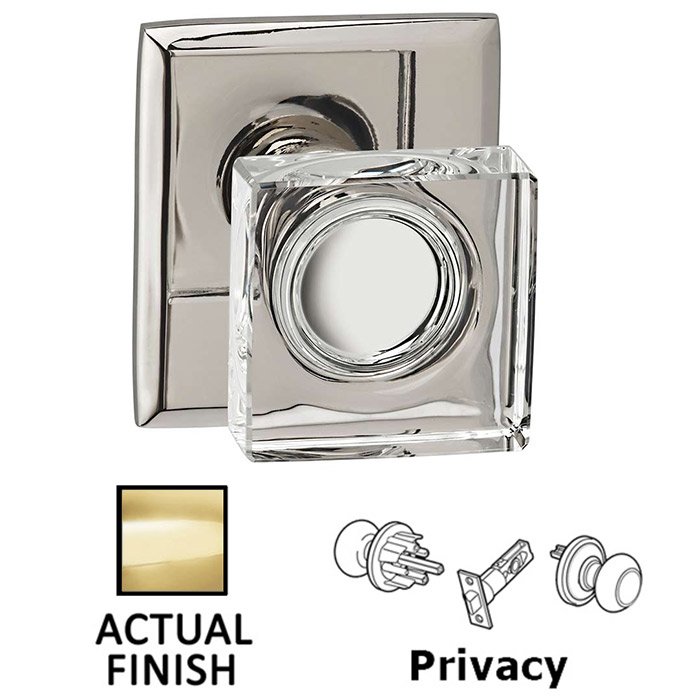 Privacy Square Glass Knob With Rectangular Rose in Polished Brass Lacquered