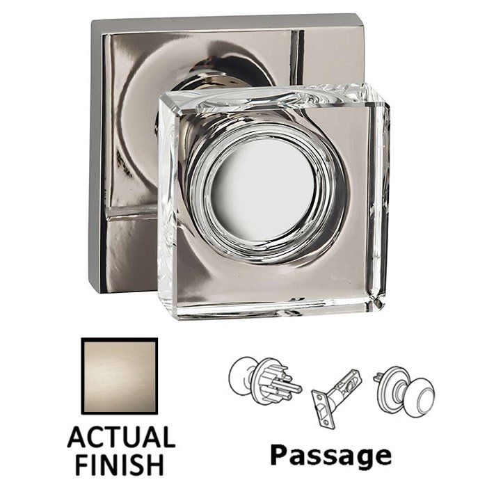 Passage Square Glass Knob With Square Rose in Satin Nickel Lacquered