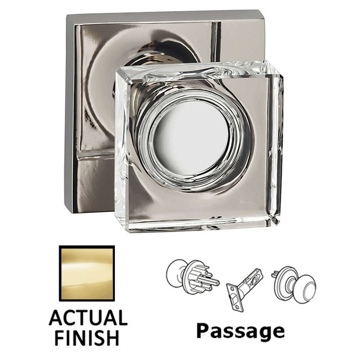 Passage Square Glass Knob With Square Rose in Polished Brass Lacquered