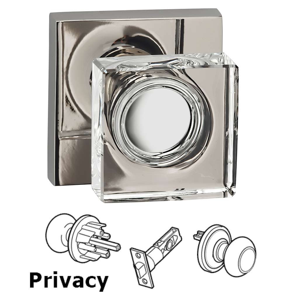 Privacy Square Glass Knob With Square Rose in Polished Polished Nickel Lacquered