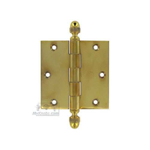 3 1/2" x 3 1/2" Plain Bearing, Solid Brass Hinge with Acorn Finials in Polished Brass Unlacquered