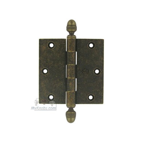 3 1/2" x 3 1/2" Plain Bearing, Solid Brass Hinge with Acorn Finials in Vintage Brass