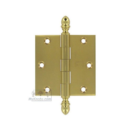 3 1/2" x 3 1/2" Plain Bearing, Solid Brass Hinge with Crown Finials in Polished Brass Lacquered