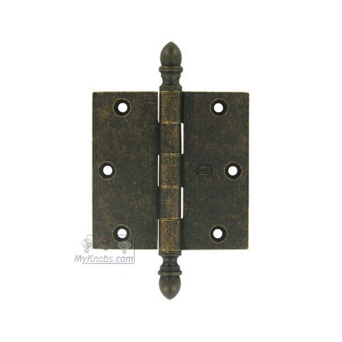 3 1/2" x 3 1/2" Plain Bearing, Solid Brass Hinge with Crown Finials in Vintage Brass
