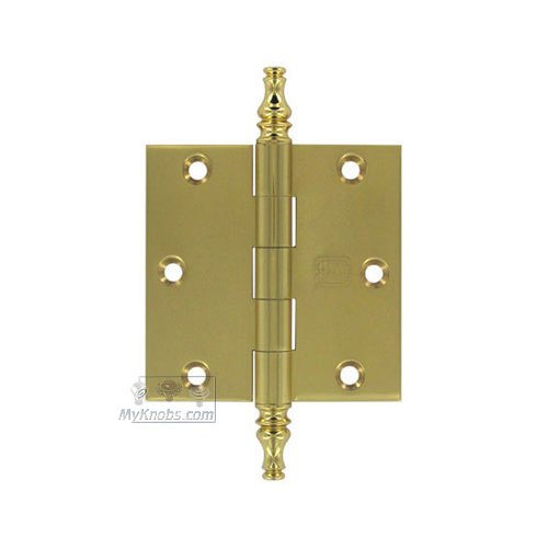 3 1/2" x 3 1/2" Plain Bearing, Solid Brass Hinge with Steeple Finials in Polished Brass Lacquered