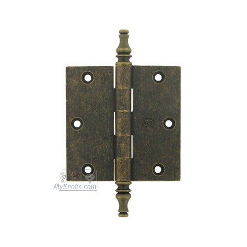 3 1/2" x 3 1/2" Plain Bearing, Solid Brass Hinge with Steeple Finials in Vintage Brass