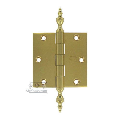 3 1/2" x 3 1/2" Plain Bearing, Solid Brass Hinge with Urn Finials in Polished Brass Lacquered
