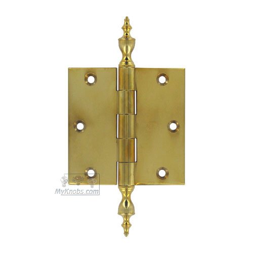 3 1/2" x 3 1/2" Plain Bearing, Solid Brass Hinge with Urn Finials in Polished Brass Unlacquered