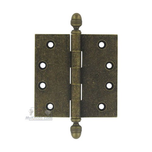 4" x 4" Plain Bearing, Solid Brass Hinge with Acorn Finials in Vintage Brass