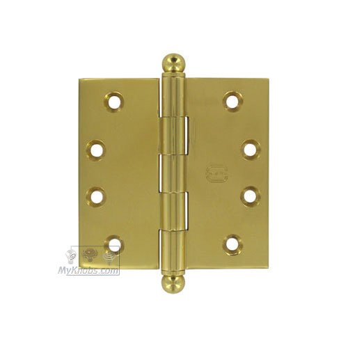 4" x 4" Plain Bearing, Solid Brass Hinge with Ball Finials in Polished Brass Lacquered