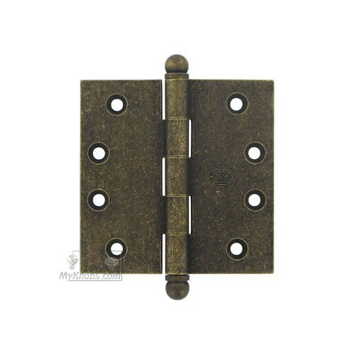 4" x 4" Plain Bearing, Solid Brass Hinge with Ball Finials in Vintage Brass