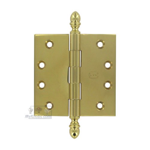 4" x 4" Plain Bearing, Solid Brass Hinge with Crown Finials in Polished Brass Lacquered