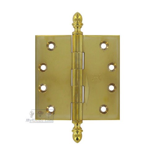 4" x 4" Plain Bearing, Solid Brass Hinge with Crown Finials in Polished Brass Unlacquered