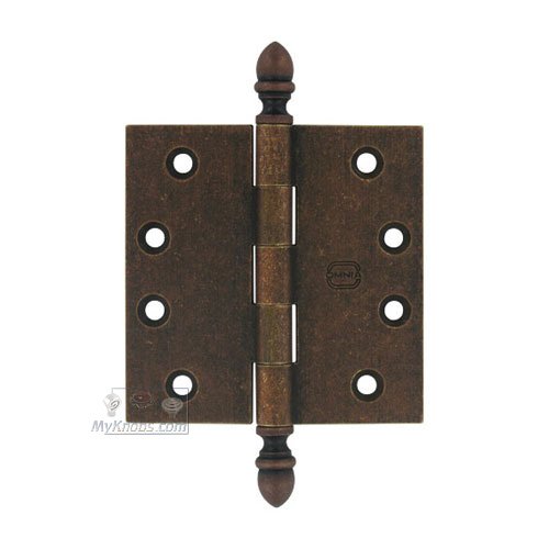 4" x 4" Plain Bearing, Solid Brass Hinge with Crown Finials in Vintage Copper