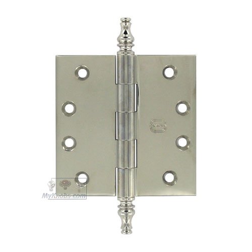 4" x 4" Plain Bearing, Solid Brass Hinge with Steeple Finials in Polished Polished Nickel Lacquered