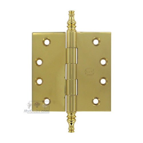 4" x 4" Plain Bearing, Solid Brass Hinge with Steeple Finials in Polished Brass Lacquered