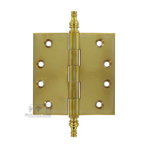 4" x 4" Plain Bearing, Solid Brass Hinge with Steeple Finials in Polished Brass Unlacquered
