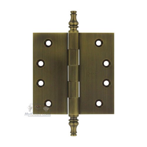4" x 4" Plain Bearing, Solid Brass Hinge with Steeple Finials in Antique Bronze Unlacquered
