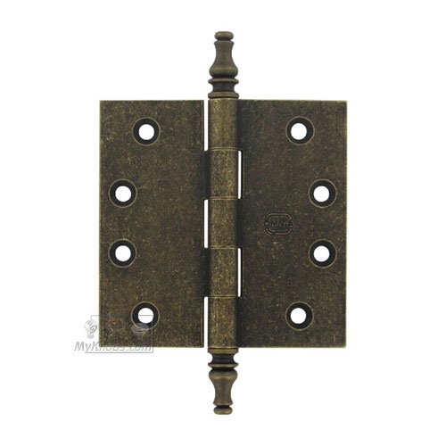 4" x 4" Plain Bearing, Solid Brass Hinge with Steeple Finials in Vintage Brass