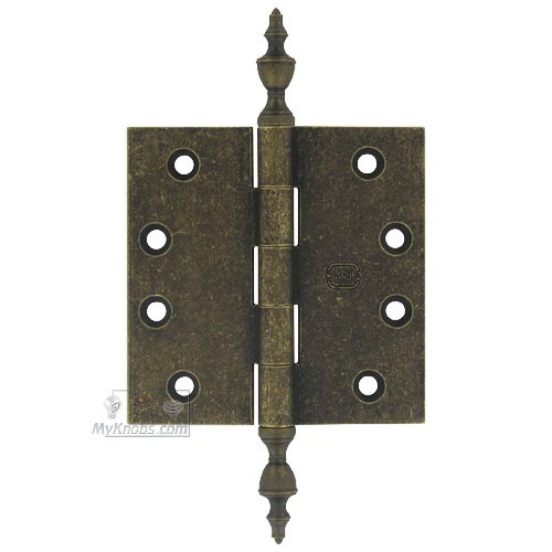 4" x 4" Plain Bearing, Solid Brass Hinge with Urn Finials in Vintage Brass