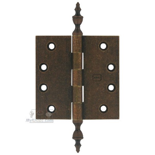 4" x 4" Plain Bearing, Solid Brass Hinge with Urn Finials in Vintage Copper