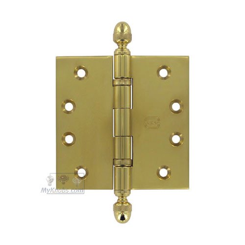 4" x 4" Ball Bearing, Solid Brass Hinge with Acorn Finials in Polished Brass Lacquered