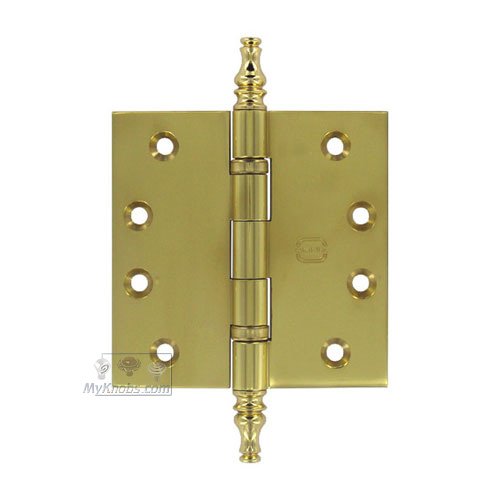 4" x 4" Ball Bearing, Solid Brass Hinge with Steeple Finials in Polished Brass Lacquered