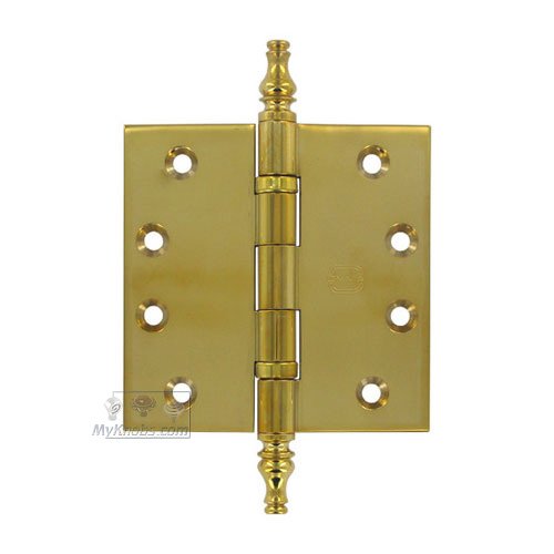 4" x 4" Ball Bearing, Solid Brass Hinge with Steeple Finials in Polished Brass Unlacquered