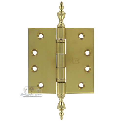 4" x 4" Ball Bearing, Solid Brass Hinge with Urn Finials in Polished Brass Lacquered