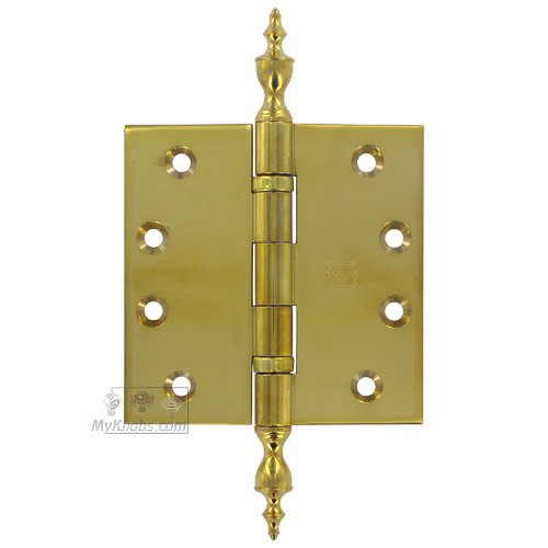 4" x 4" Ball Bearing, Solid Brass Hinge with Urn Finials in Polished Brass Unlacquered