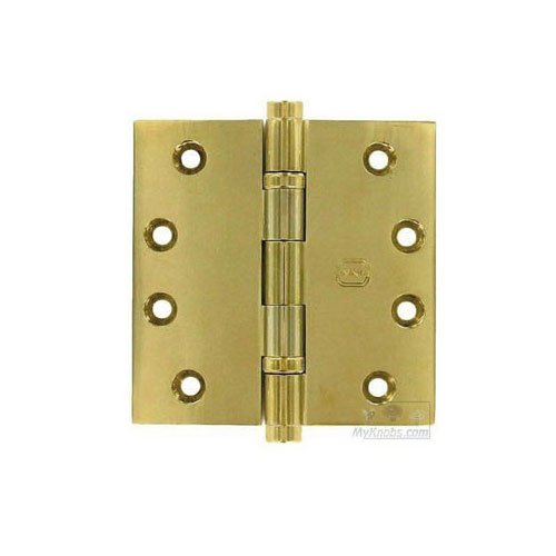 4" x 4" Ball Bearing, Button Tip Solid Brass Hinge in Polished Brass Unlacquered