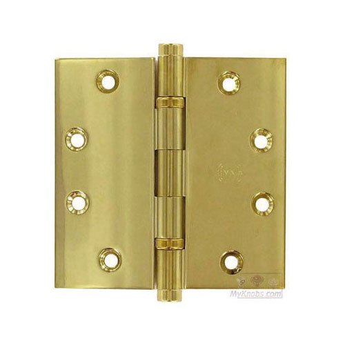 4 1/2" x 4 1/2" Ball Bearing, Button Tip Solid Brass Hinge in Polished Brass Lacquered