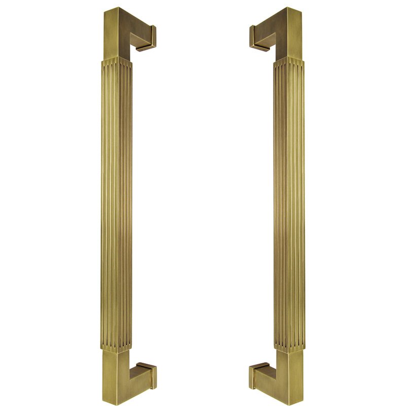 12" Centers Reeded Back To Back Pull In Antique Brass Lacquered
