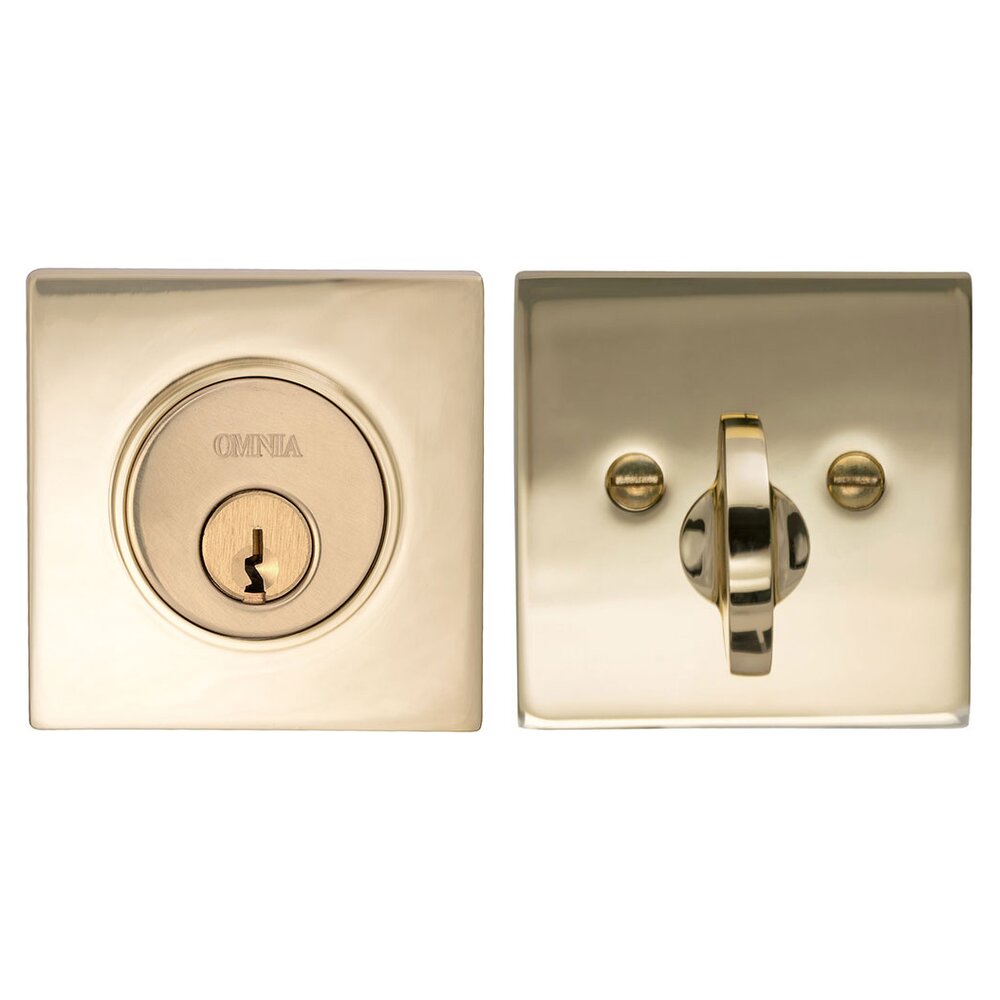 Square Single Cylinder Deadbolt in Polished Brass Lacquered