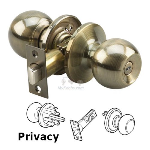 Privacy Ball Door Knob with 4-Way Latch in Antique Brass