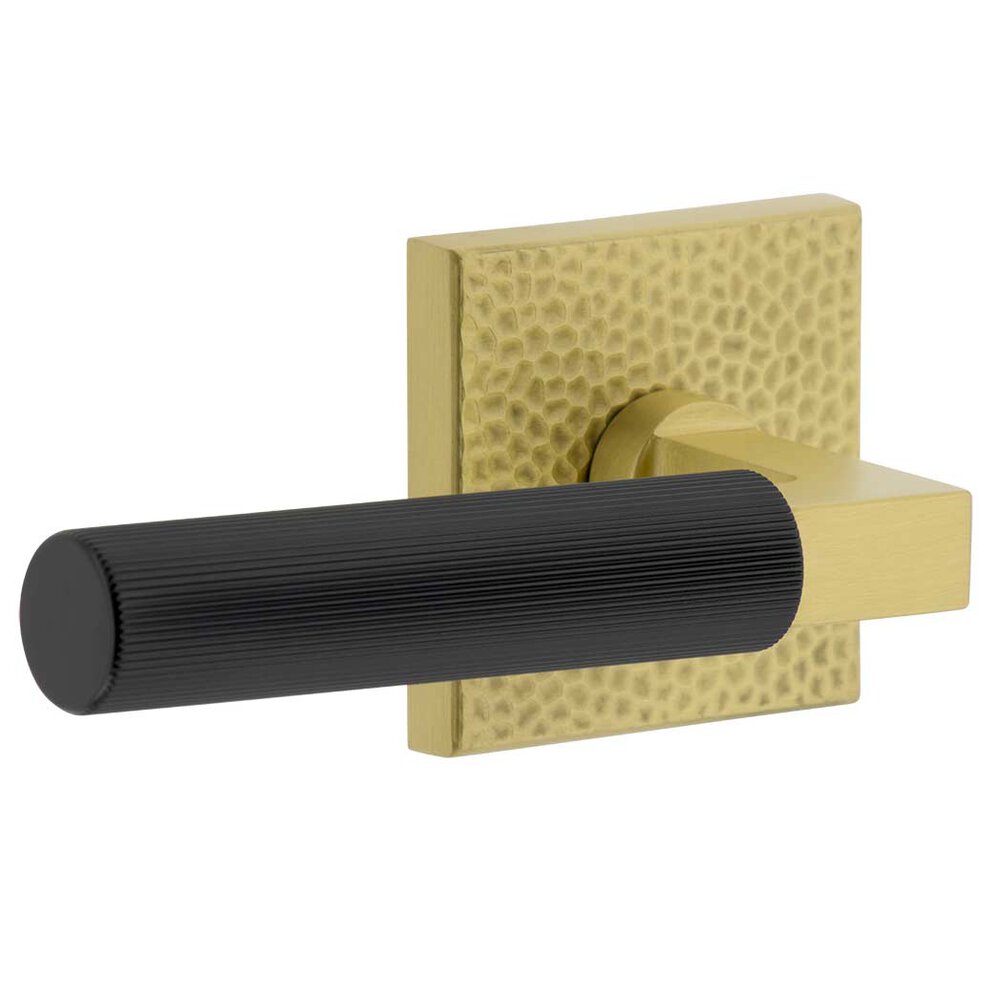 Quadrato Hammered Rosette in Satin Brass Passage with Satin Black Contempo Fluted Lever